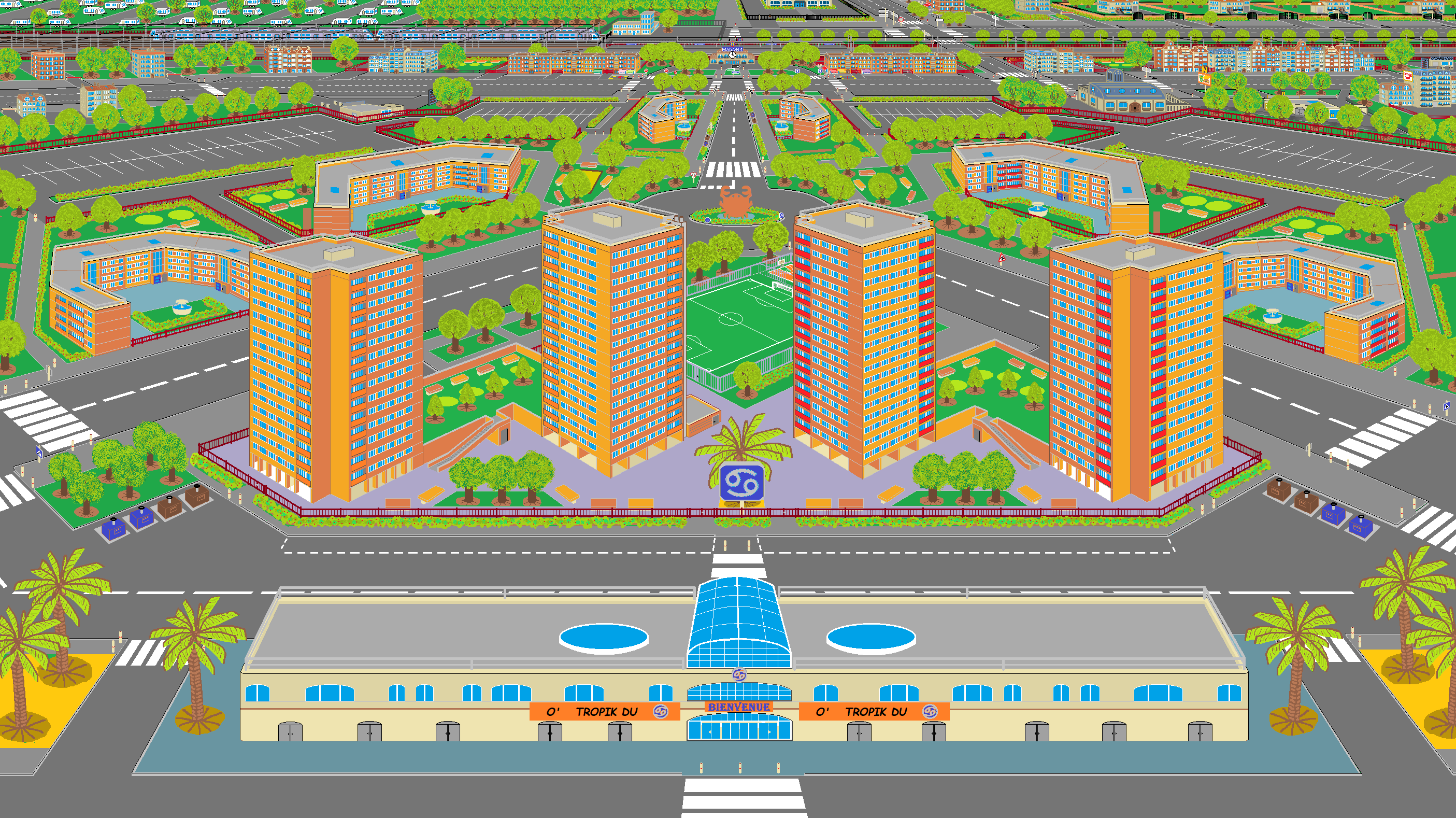 Univers urbain imaginaire et symétrique composé d’immeubles, de jardins, de routes et de palmiers.