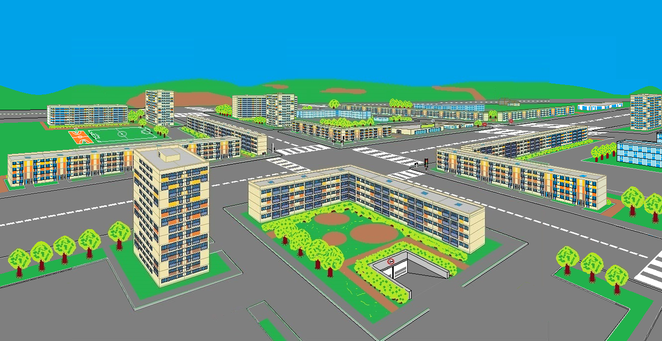 Vue aérienne stylisée d’un quartier urbain avec immeubles, routes, espaces verts et terrains de sport.