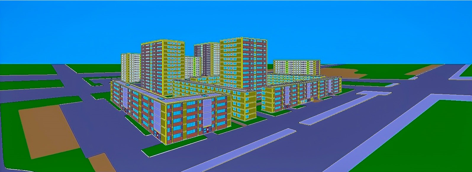 Vue panoramique stylisée d’un ensemble d’immeubles colorés entouré de routes sous un grand ciel bleu.