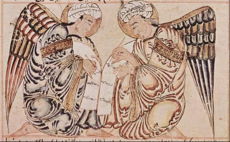 Illustration ancienne de deux anges ailés se faisant face.