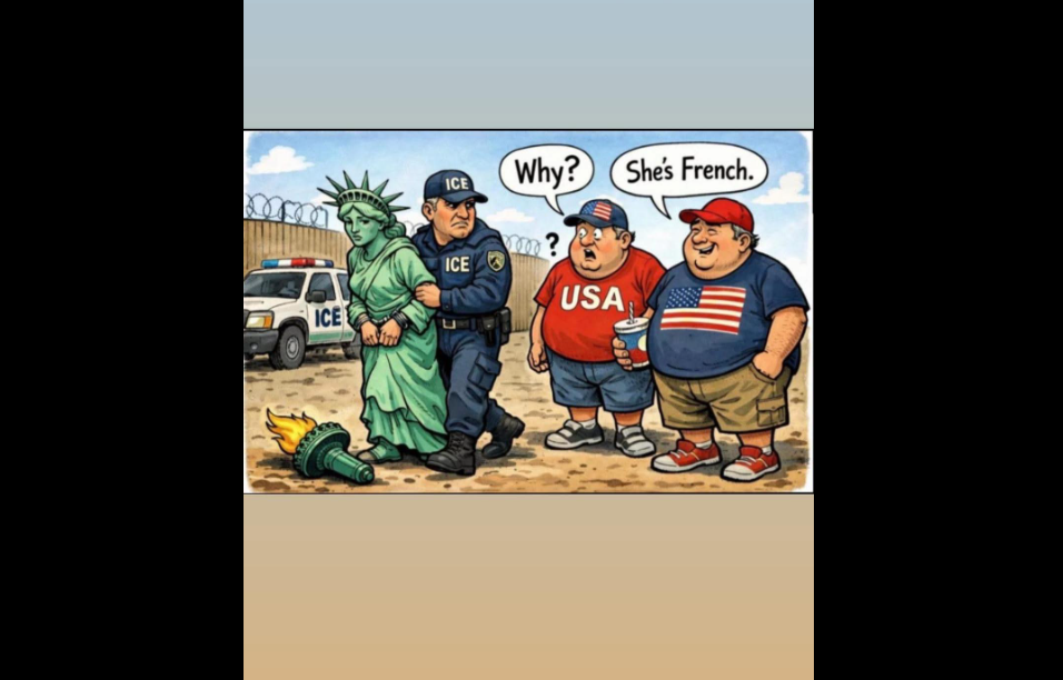 Caricature montrant un agent de l’ICE, la statue de la Liberté et deux personnages aux couleurs des États-Unis.